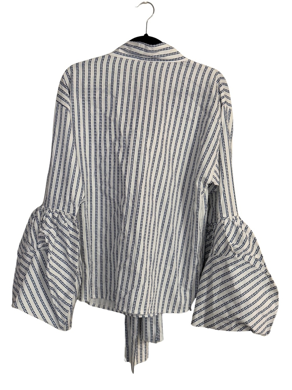 Striped Bow-Tie Bell Sleeve Blouse - White & Navy by TOV Coquette Preppy - Picture 3 of 5